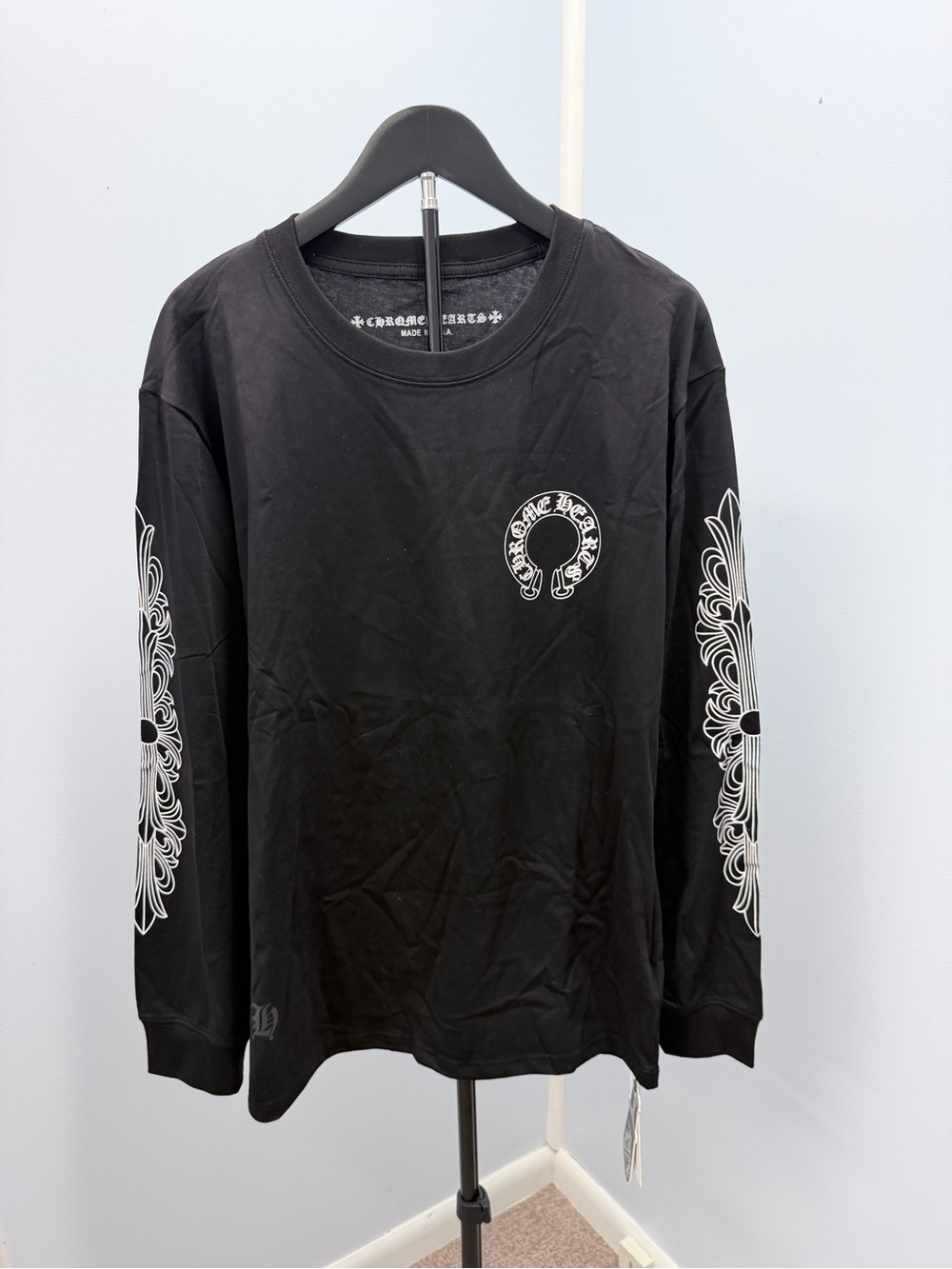 Chrome Hearts Black Long-Sleeve Tee with White Sleeve Florals